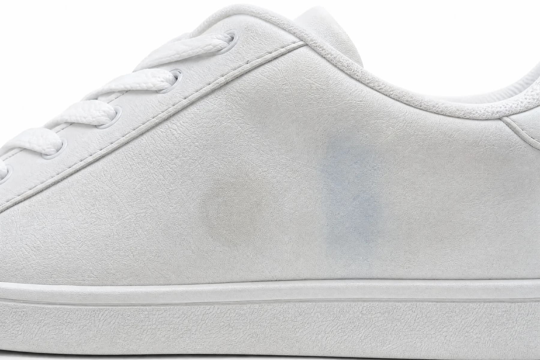 An oil stain and a faint blue dye transfer remaining on white leather after cleaning