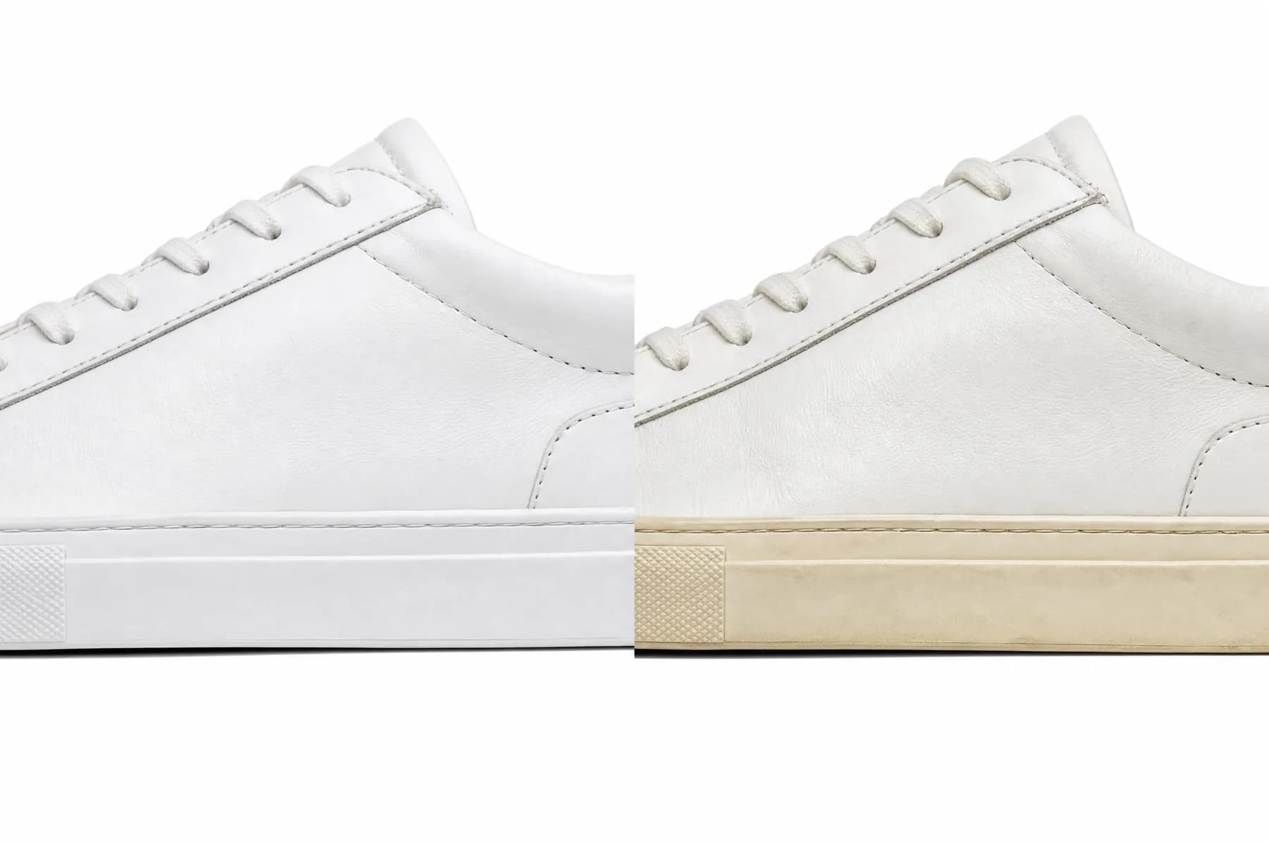 The same white leather shoe when new and after a year, the older one visibly warmer in tone