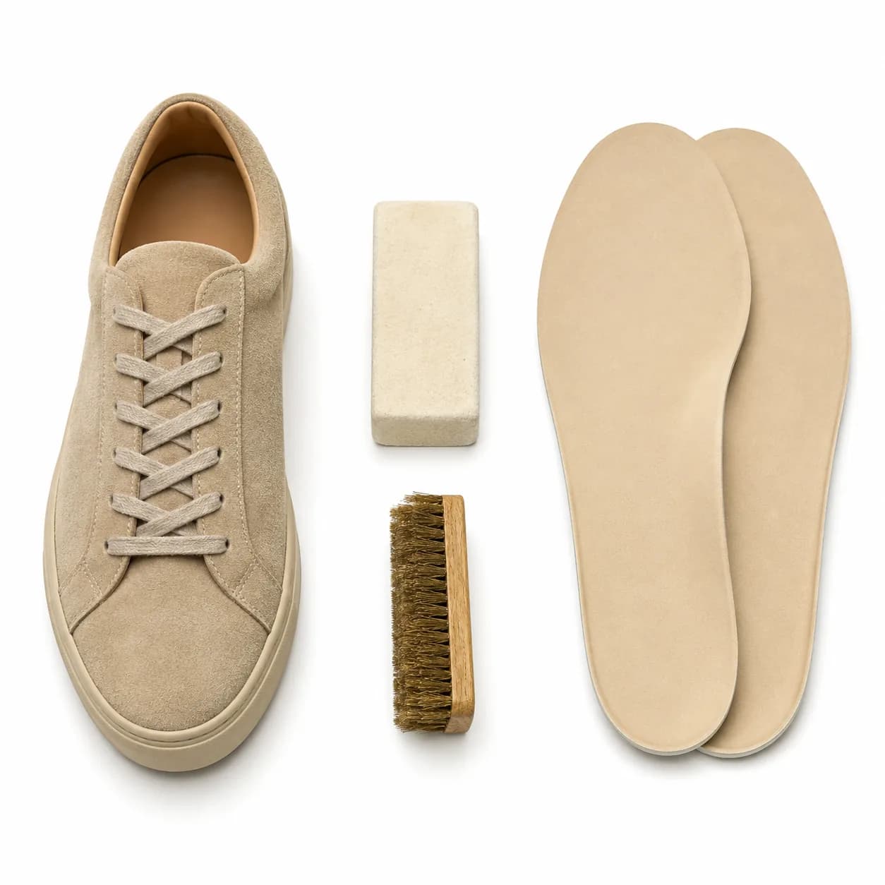 Sand suede sneaker, crepe eraser with brass brush, and a pair of leather insoles